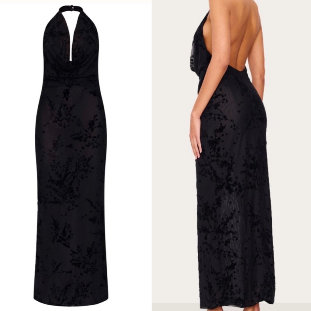 PLT BLACK DEVORE COWL NECK MAXI DRESS Elegant Black Halter backless 8 semisheer